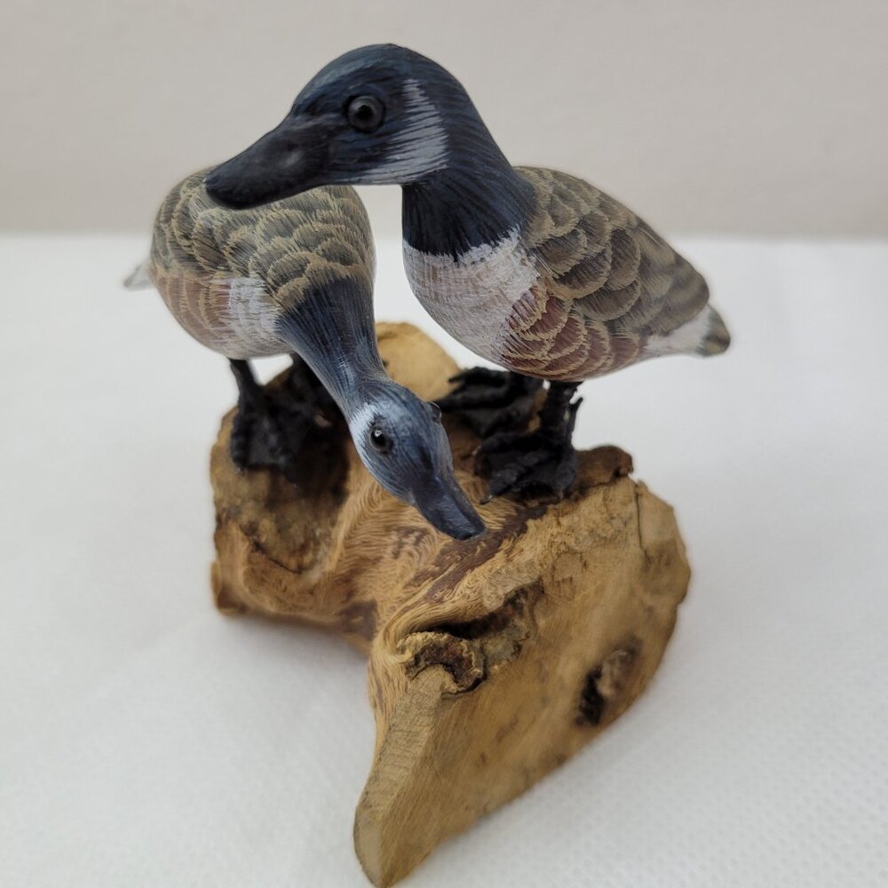 VTG Hand Carved Painted Canada Goose Pair Sculpture on Burlwood Driftwood Base